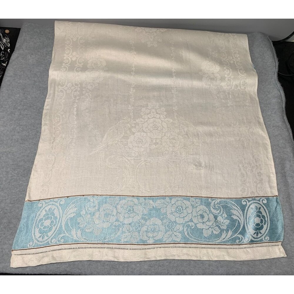 Vintage Cream Blue Jacquard Table Runner Floral & Bird Motif 23" x 40" Elegant H